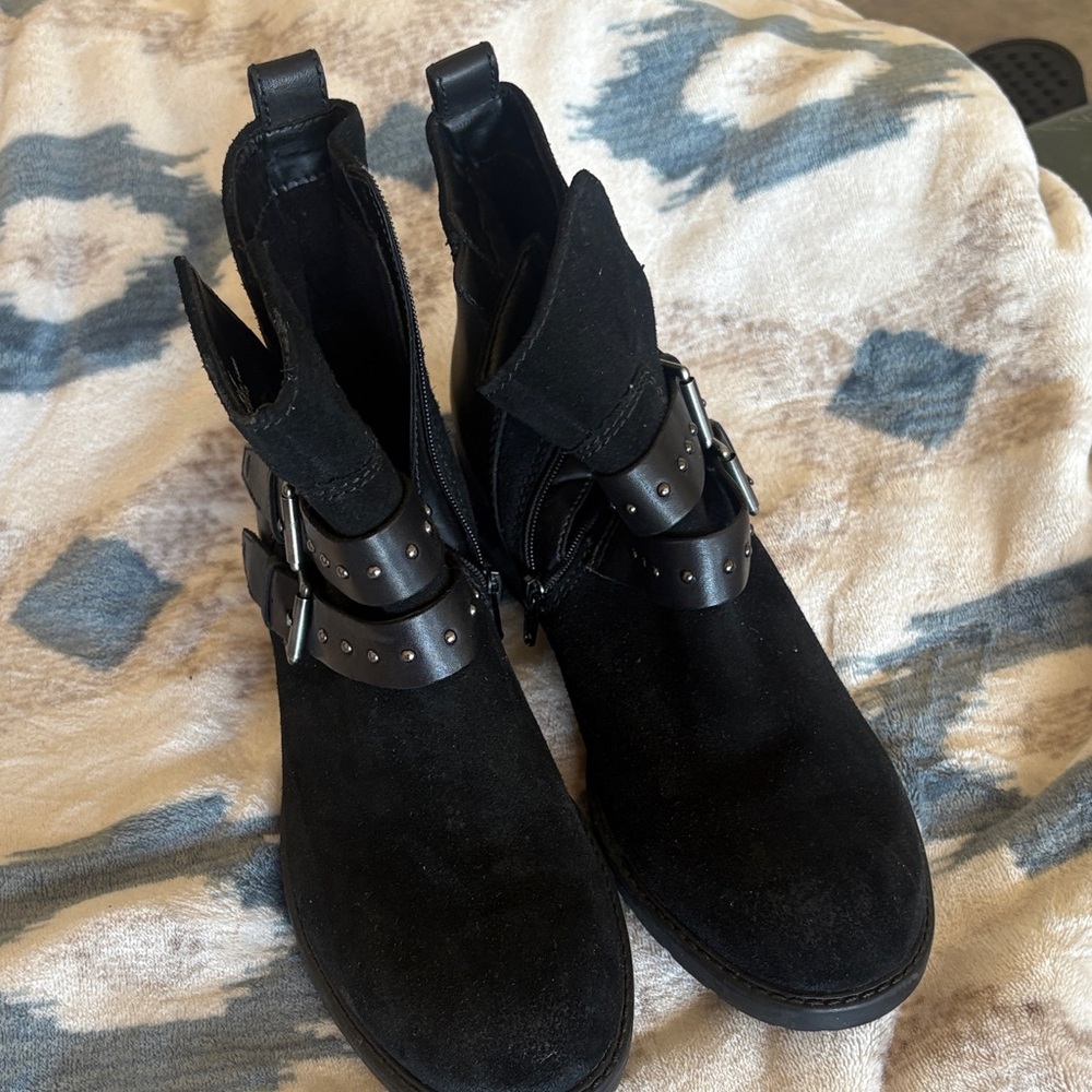 Clarks Black Suede Boots with Double Buckle